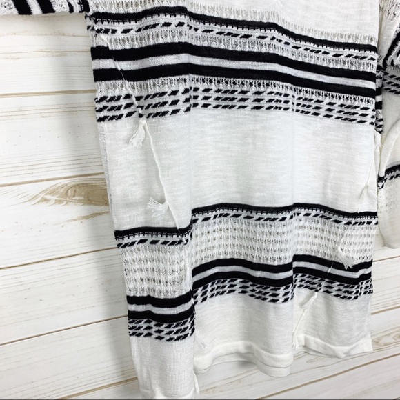 August Silk Black White Striped V Neck Fringe Semi Sheer Pullover Sweater Medium - Picture 8 of 15